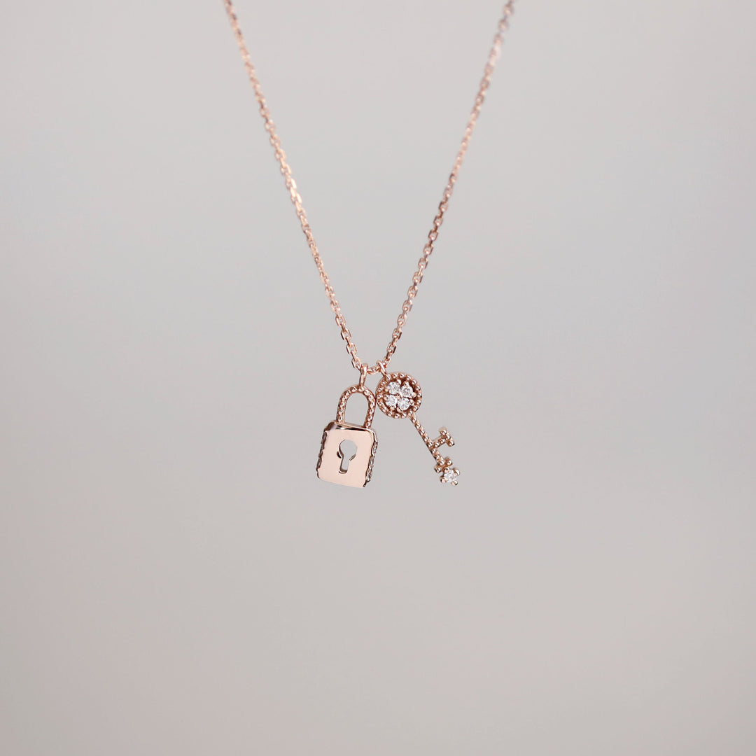 Picture of diamond lock and key pendant necklace