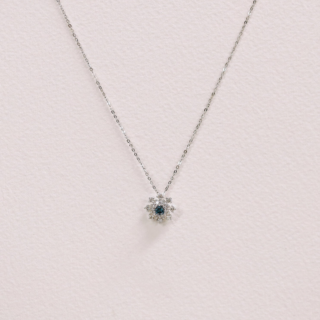 Picture of blue diamond cluster snowflake necklace