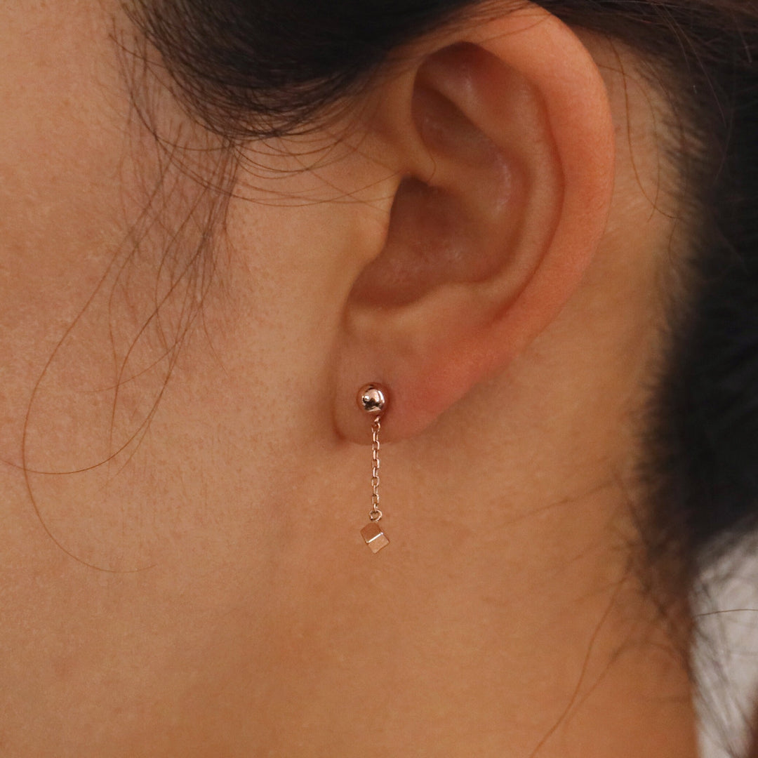 Picture of 14k gold ball stud cube drop earring